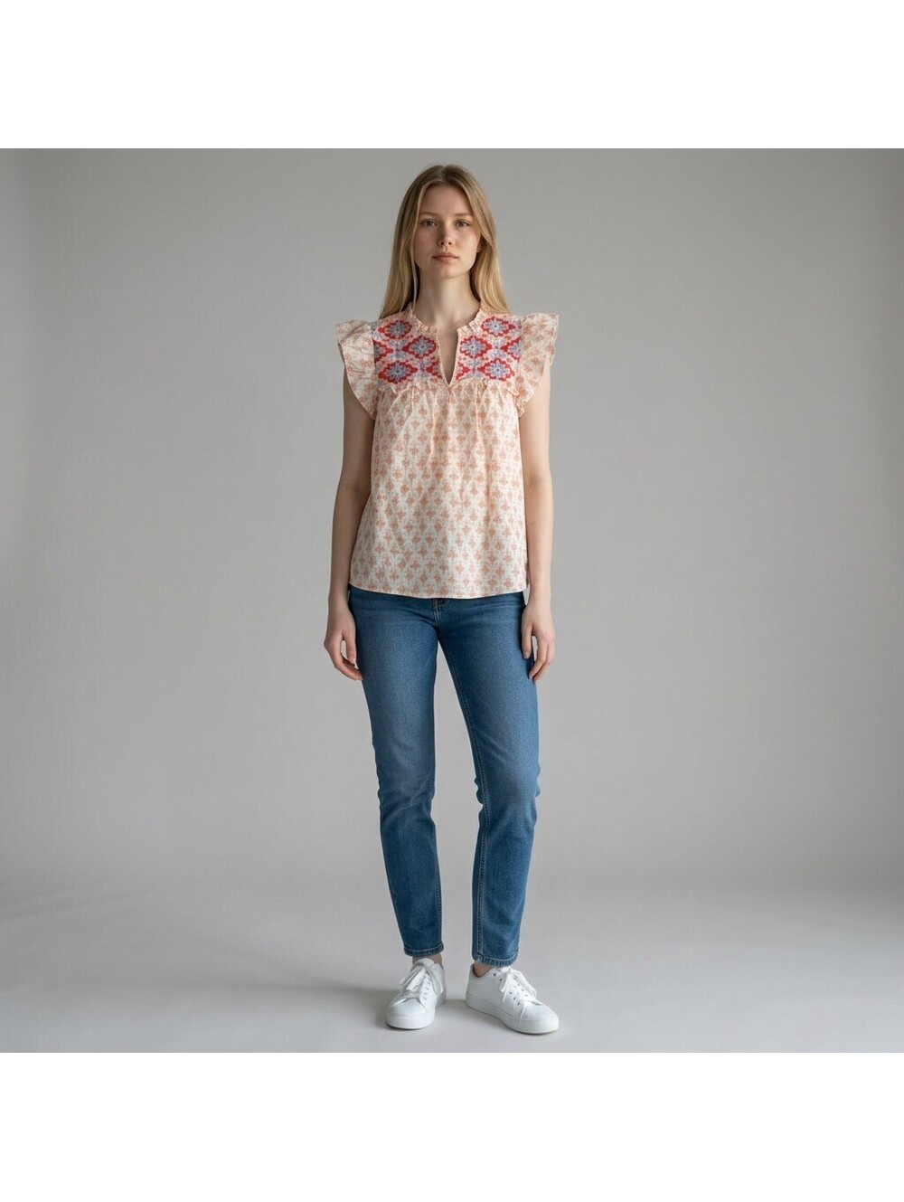 Blu Pepper Blouse Women L Large White Floral V-Neck Sleeveless Wide Strap Rayon